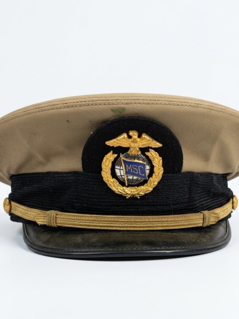 Vintage Bancroft MSC Military Sealift Command Officer Visor Cap Khaki 7 1/4
